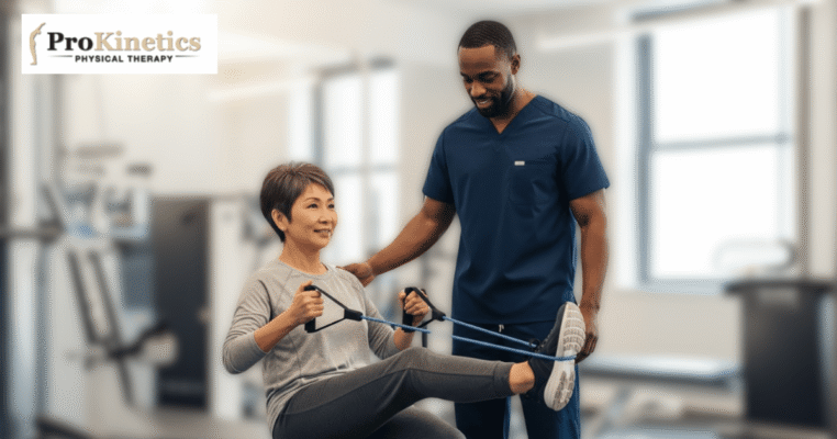 Patient performing pre-surgical physical therapy NYC leg exercise with therapist guidance at Prokinetics PT
