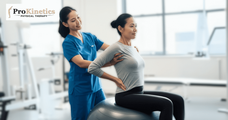 Patient receiving NYC work injury recovery physical therapy for back pain on exercise ball