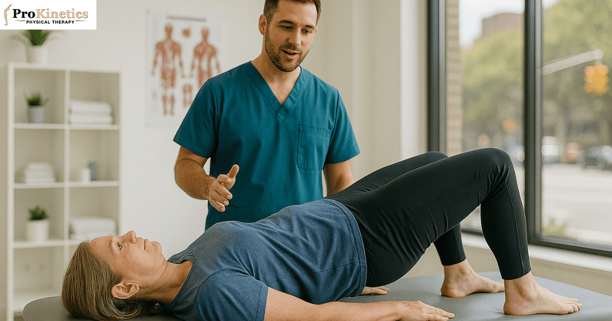A physical therapist at ProKineticsPT guides a patient through the glute bridge, a key exercise for SI joint pain physical therapy in our NYC clinic.